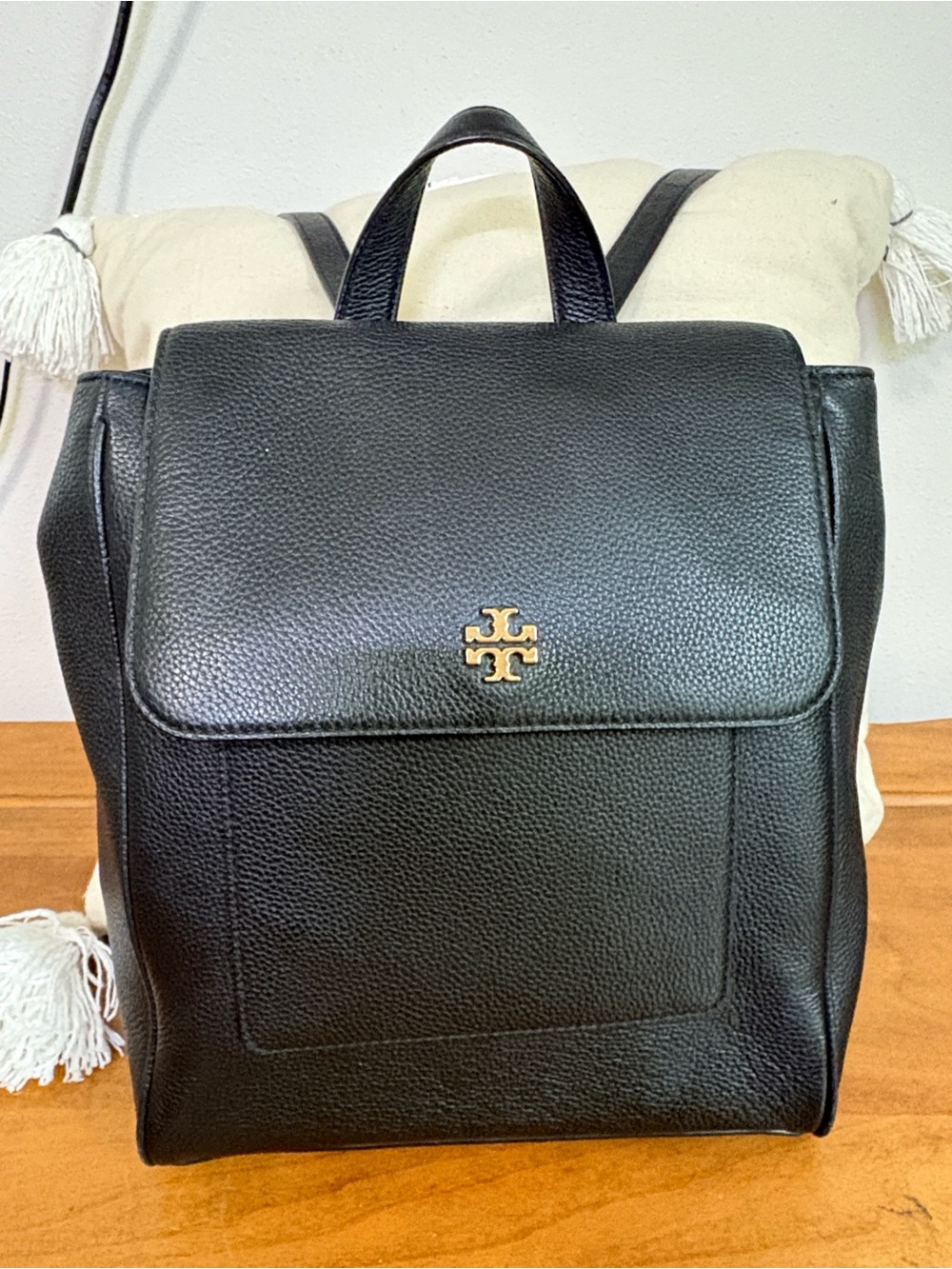 Tory Burch Carter Flap Black Leather Logo Backpack with Gold Hardware